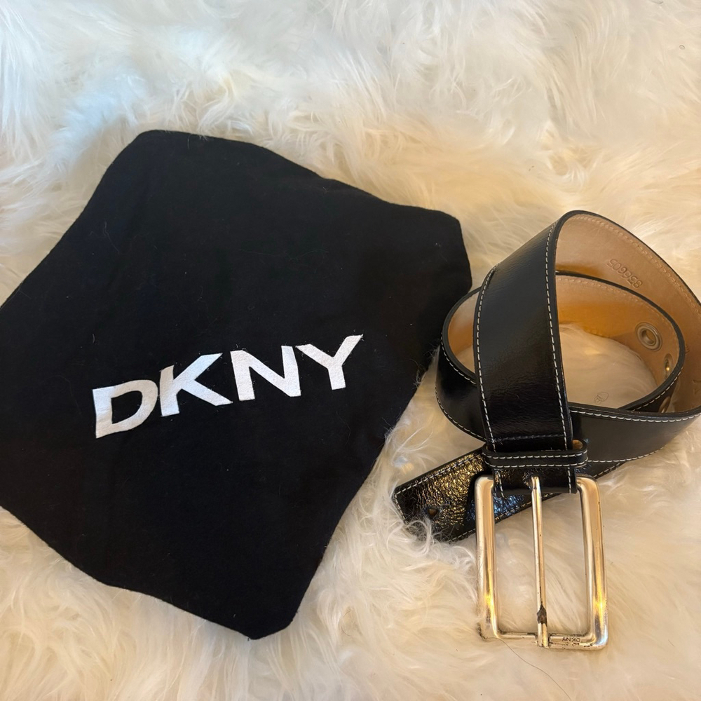 Women's DKNY Small Black White Stitch Leather Glazed Calf Belt Small - Picture 3 of 16